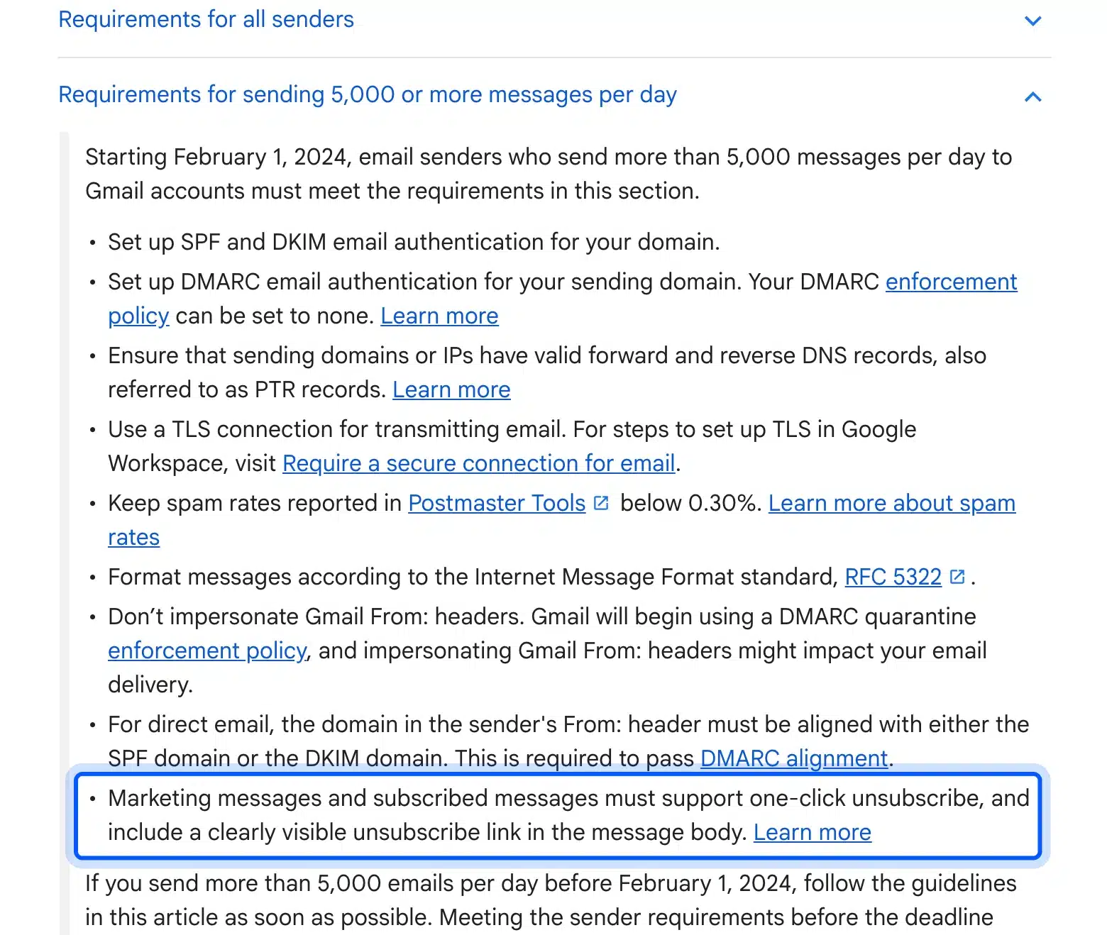 Gmail sender guidelines requiring one-click unsubscribe for bulk senders