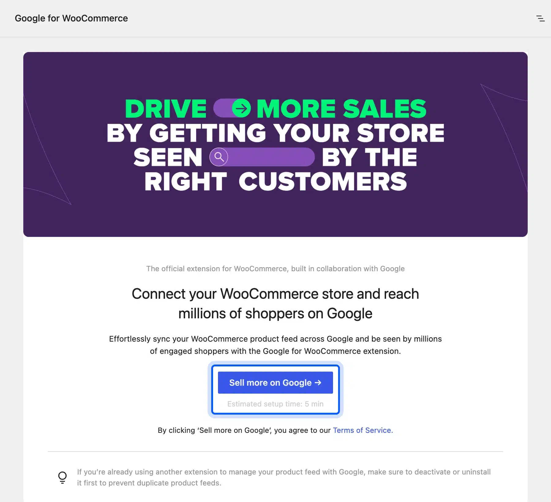Google for WooCommerce start screen in WordPress