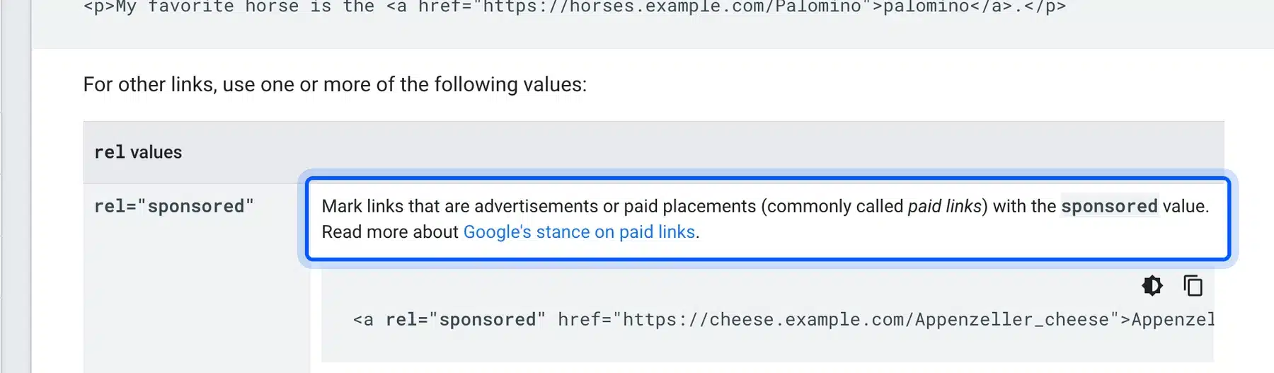 Google guidance on the sponsored rel value for paid links