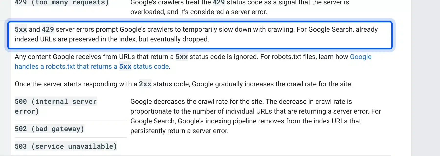 Google Search Central text on 5xx errors and indexed URLs