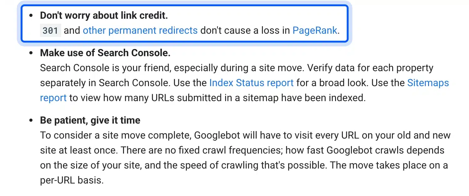 Google site move guide on 301 redirects and PageRank