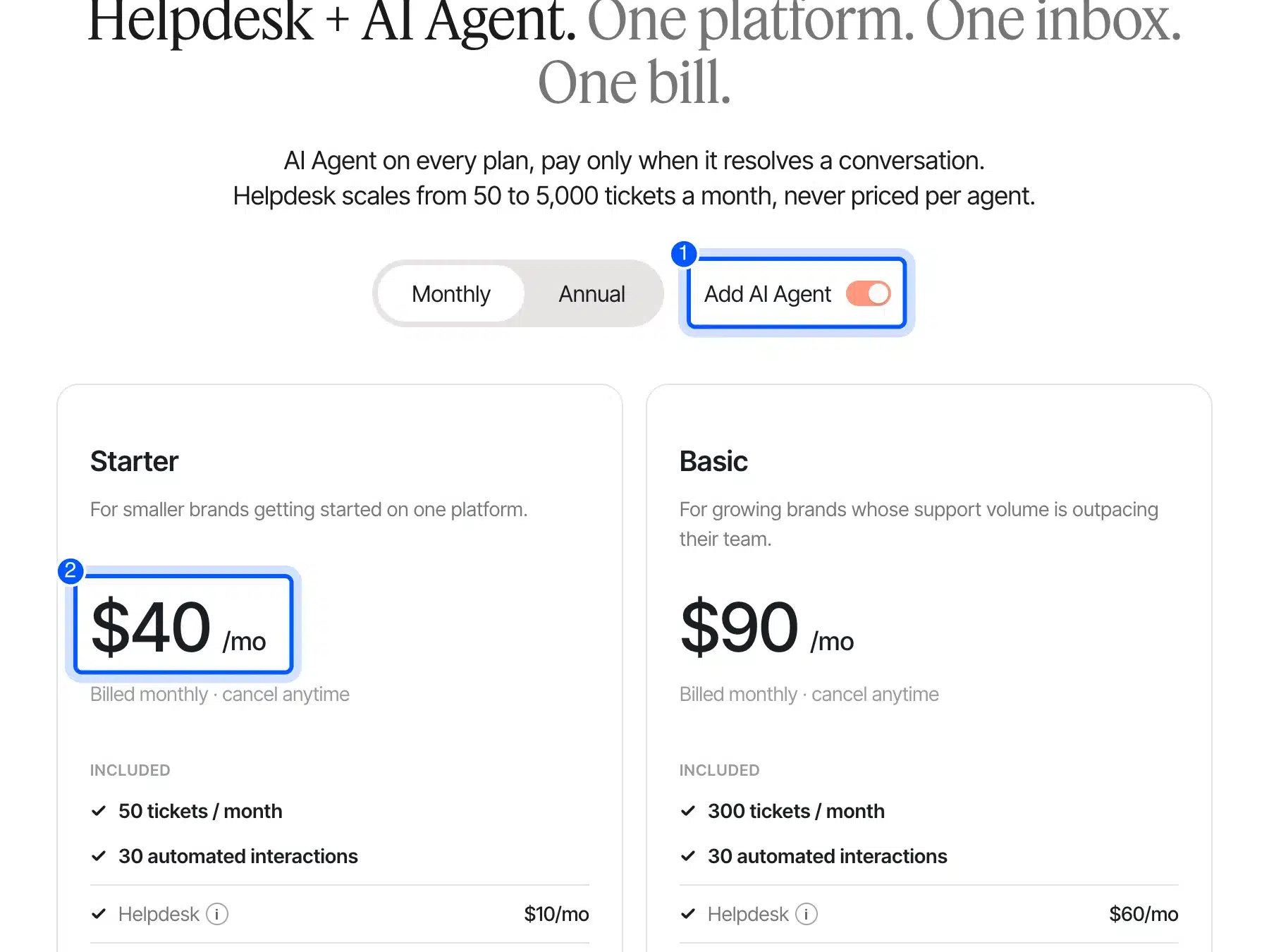 Gorgias pricing page with the AI Agent toggle and Starter plan