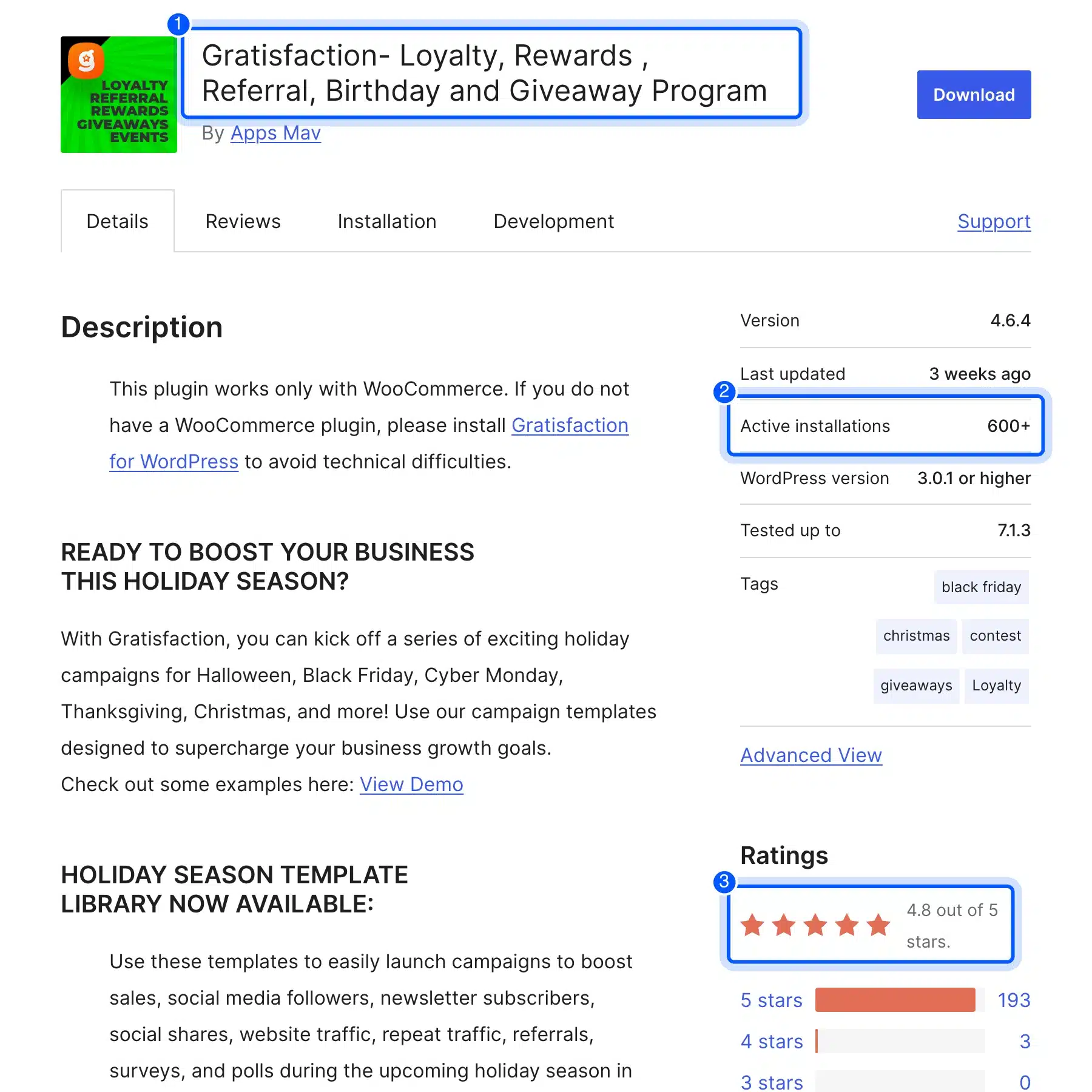 Gratisfaction listing on WordPress.org showing 600+ active installations and a 4.8 out of 5 rating