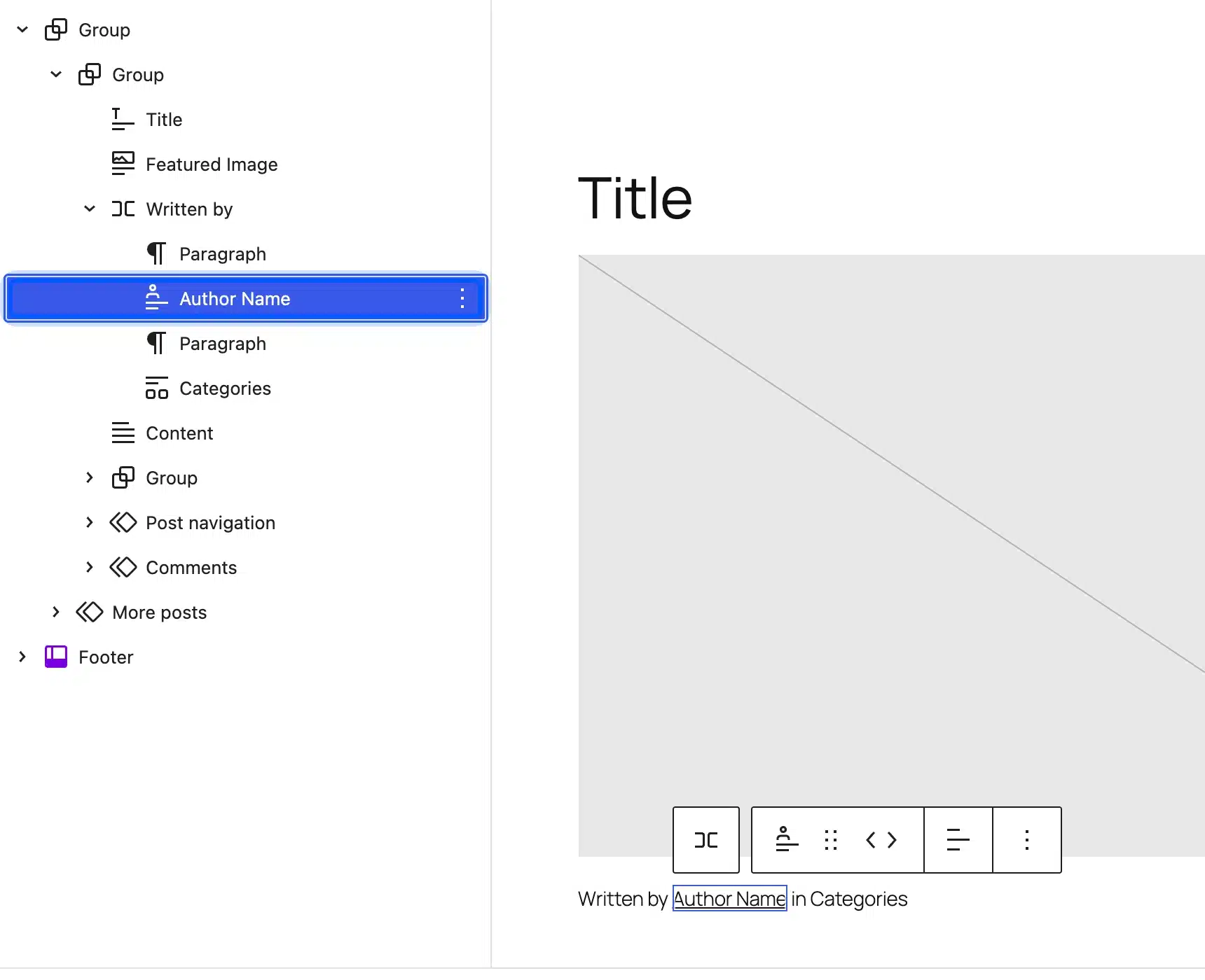 Select the Author Name block to hide the author in WordPress