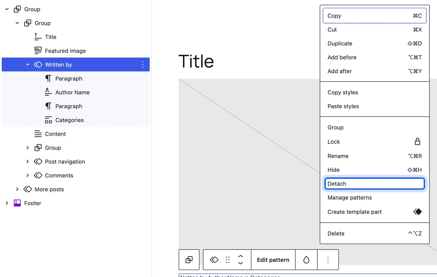 Detach option for the Written by pattern in the Site Editor