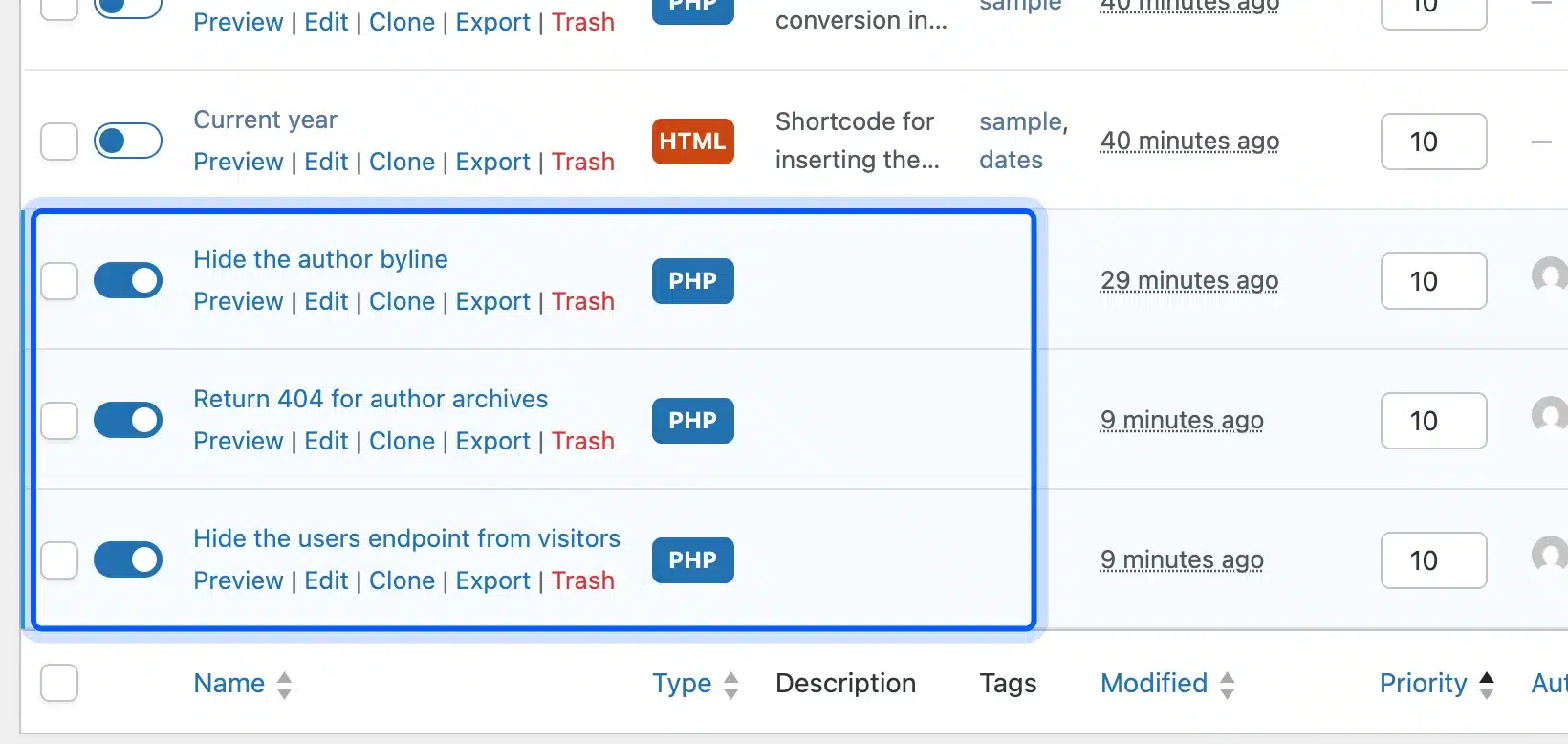 Three active snippets that hide the byline, return 404 for author pages and block the users API