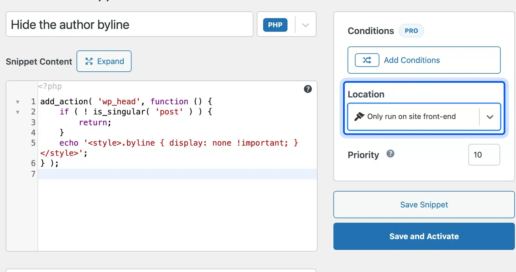 Code Snippets editor with the hide author byline snippet
