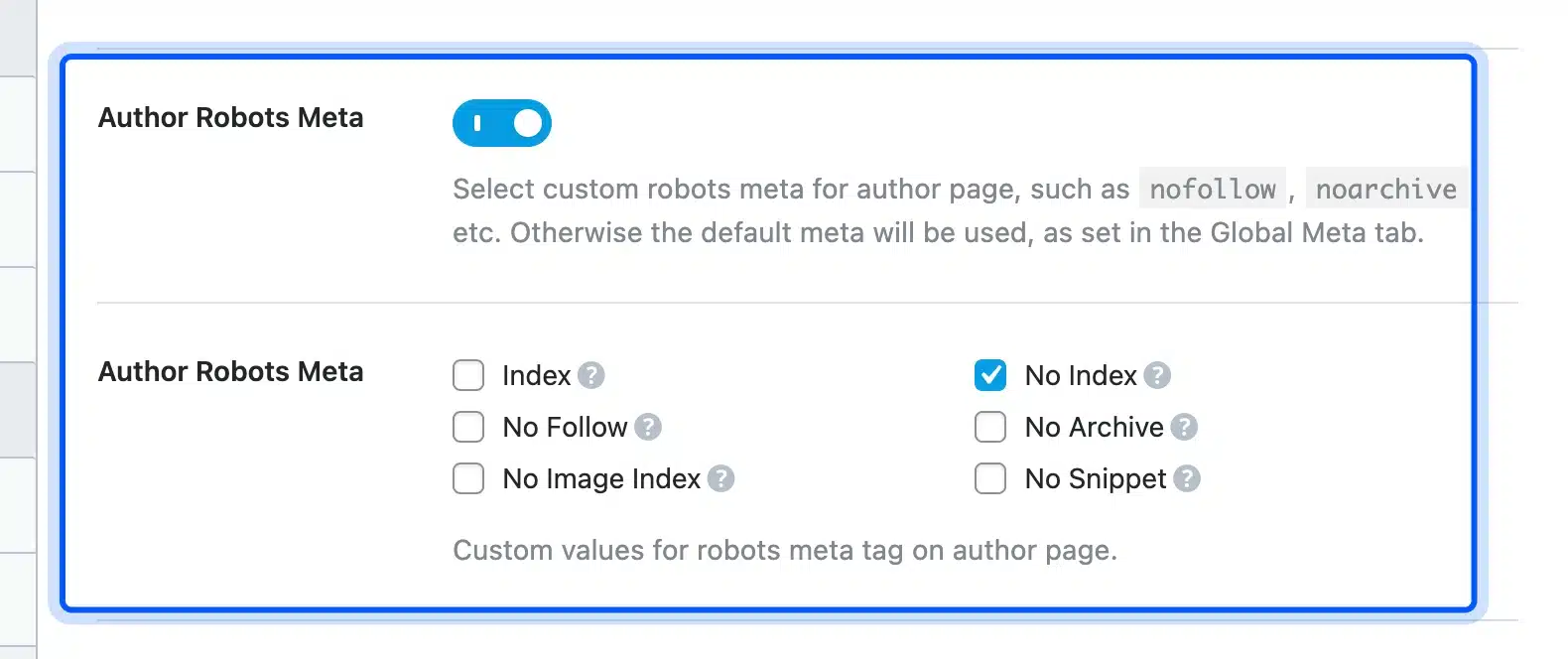 Rank Math Author Robots Meta setting with No Index ticked