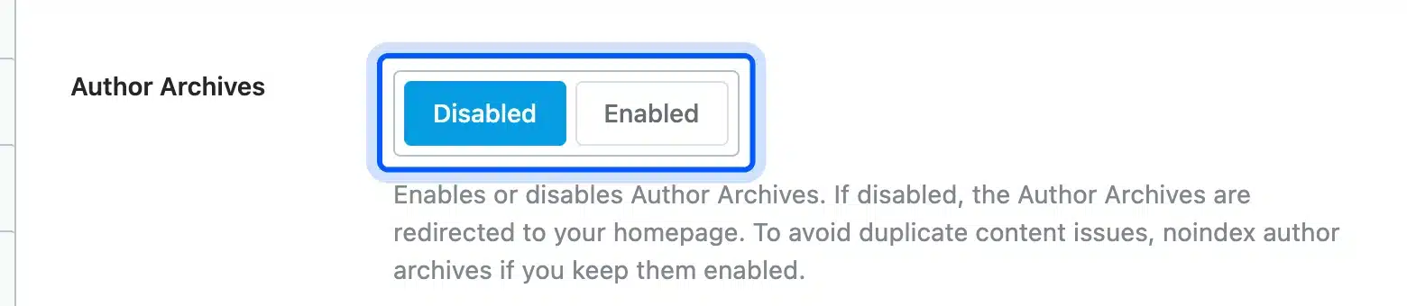 Rank Math switch to disable author archives