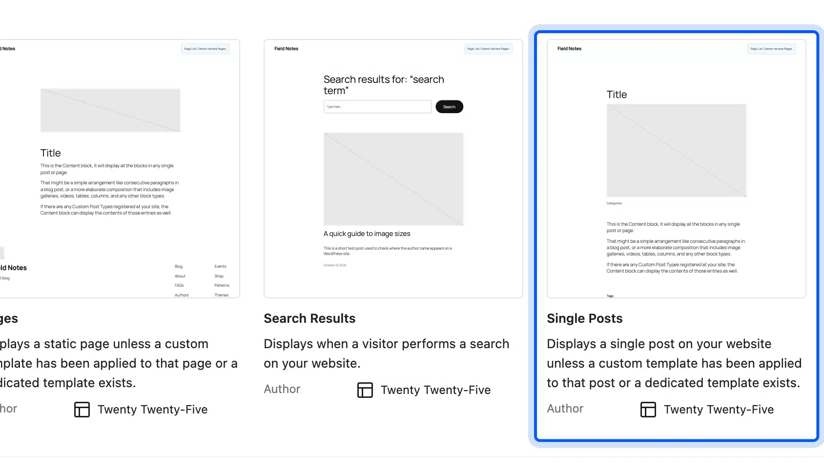 Single Posts template card in the WordPress Site Editor