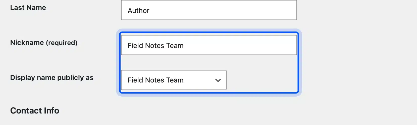 Nickname and display name fields on the WordPress profile screen