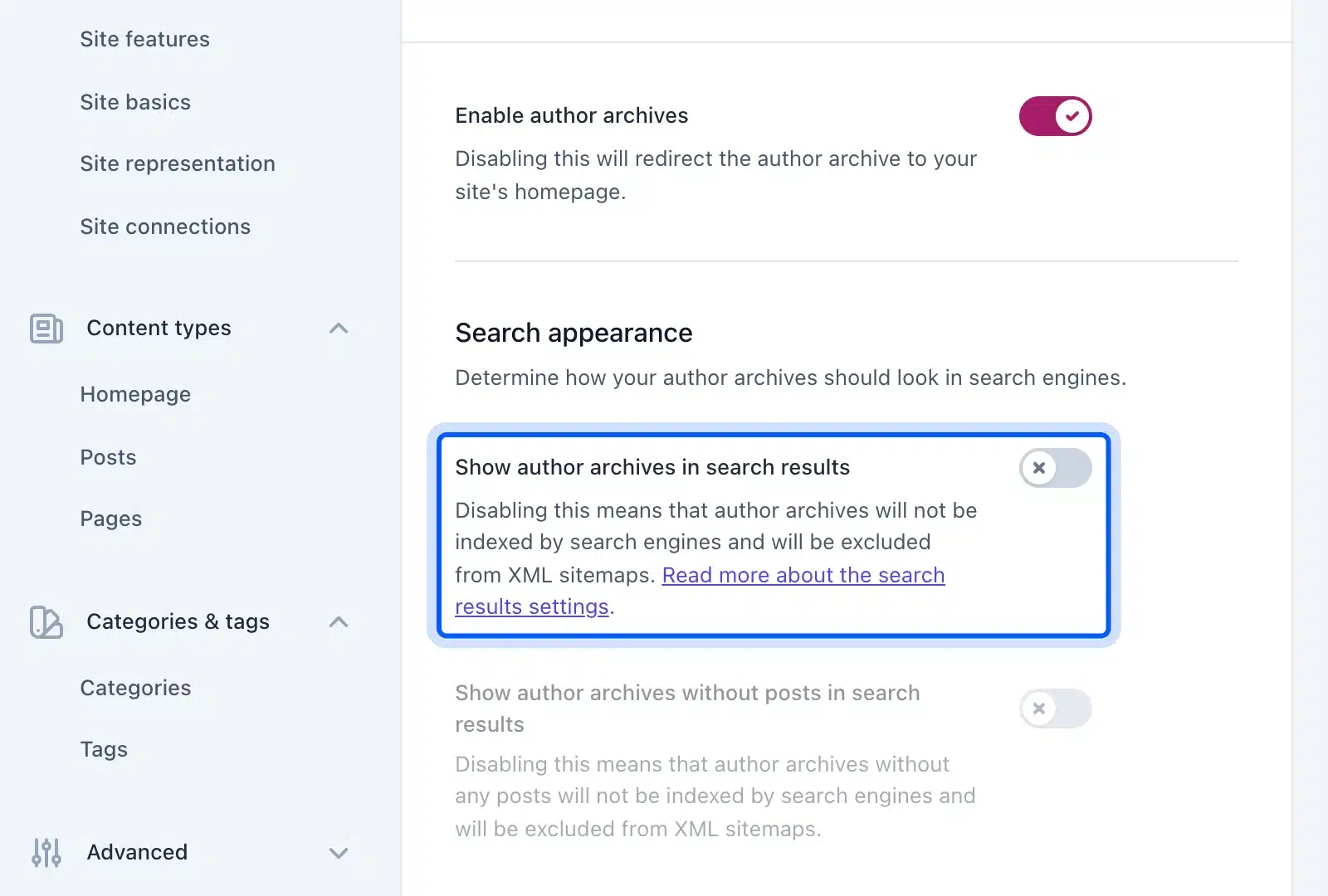 Yoast SEO switch that removes author archives from search results