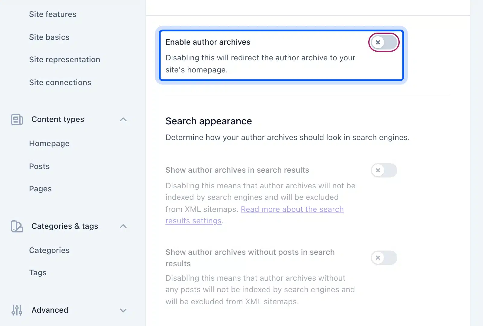 Yoast SEO switch that turns off author archives