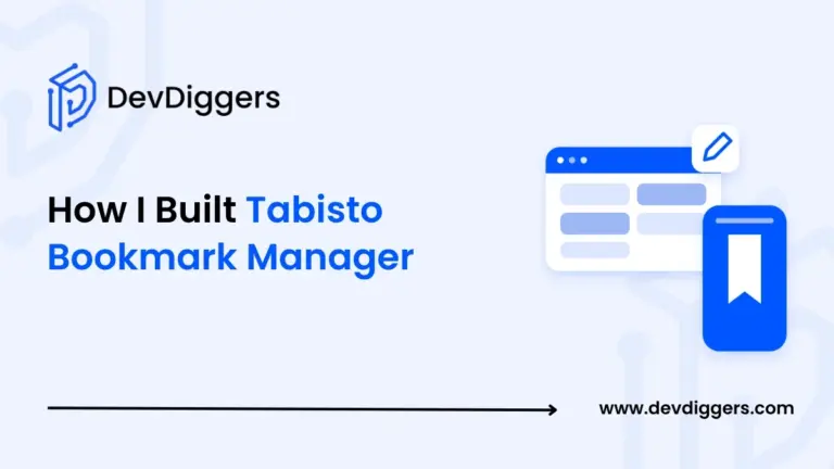 Flat browser window beside a phone with a bookmark for How I Built Tabisto Bookmark Manager