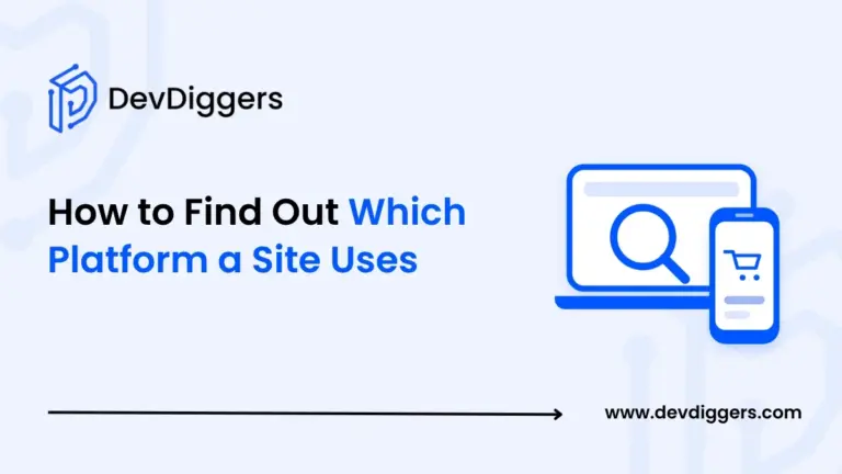 Flat laptop and phone icon with magnifier beside the title How to Find Out Which Platform a Site Uses