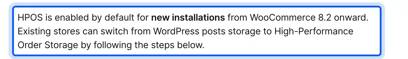 WooCommerce documentation saying HPOS is enabled by default for new installations from 8.2