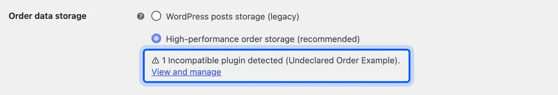 WooCommerce HPOS compatibility warning for a plugin that never declared support