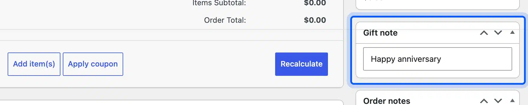 Gift note meta box on the WooCommerce HPOS order edit screen
