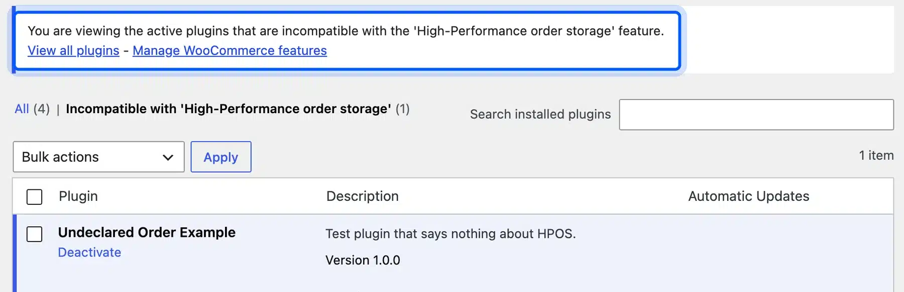 Plugins screen filtered to plugins incompatible with High-Performance order storage