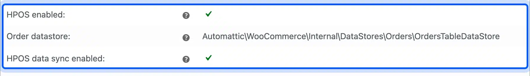WooCommerce system status report with HPOS enabled and the order datastore