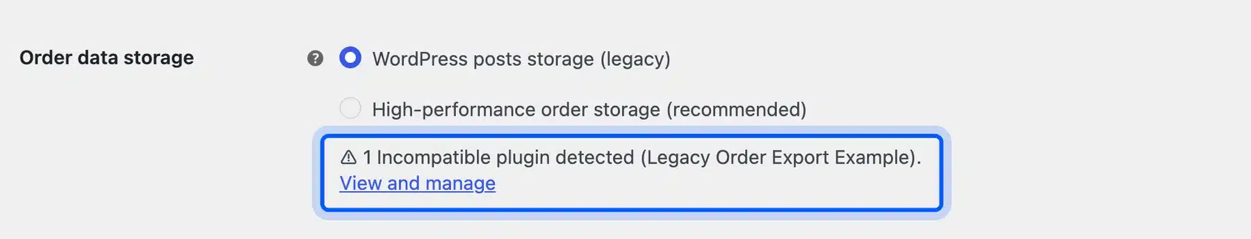 WooCommerce high-performance order storage option disabled by an incompatible plugin