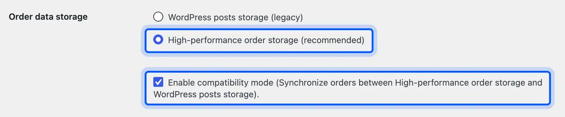 WooCommerce Features screen showing high-performance order storage and compatibility mode