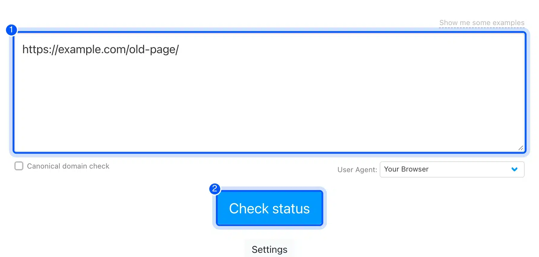httpstatus.io checker with an old URL typed in and the Check status button