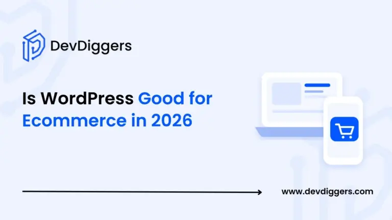 Flat laptop and phone icon with a shopping cart beside the title Is WordPress Good for Ecommerce in 2026