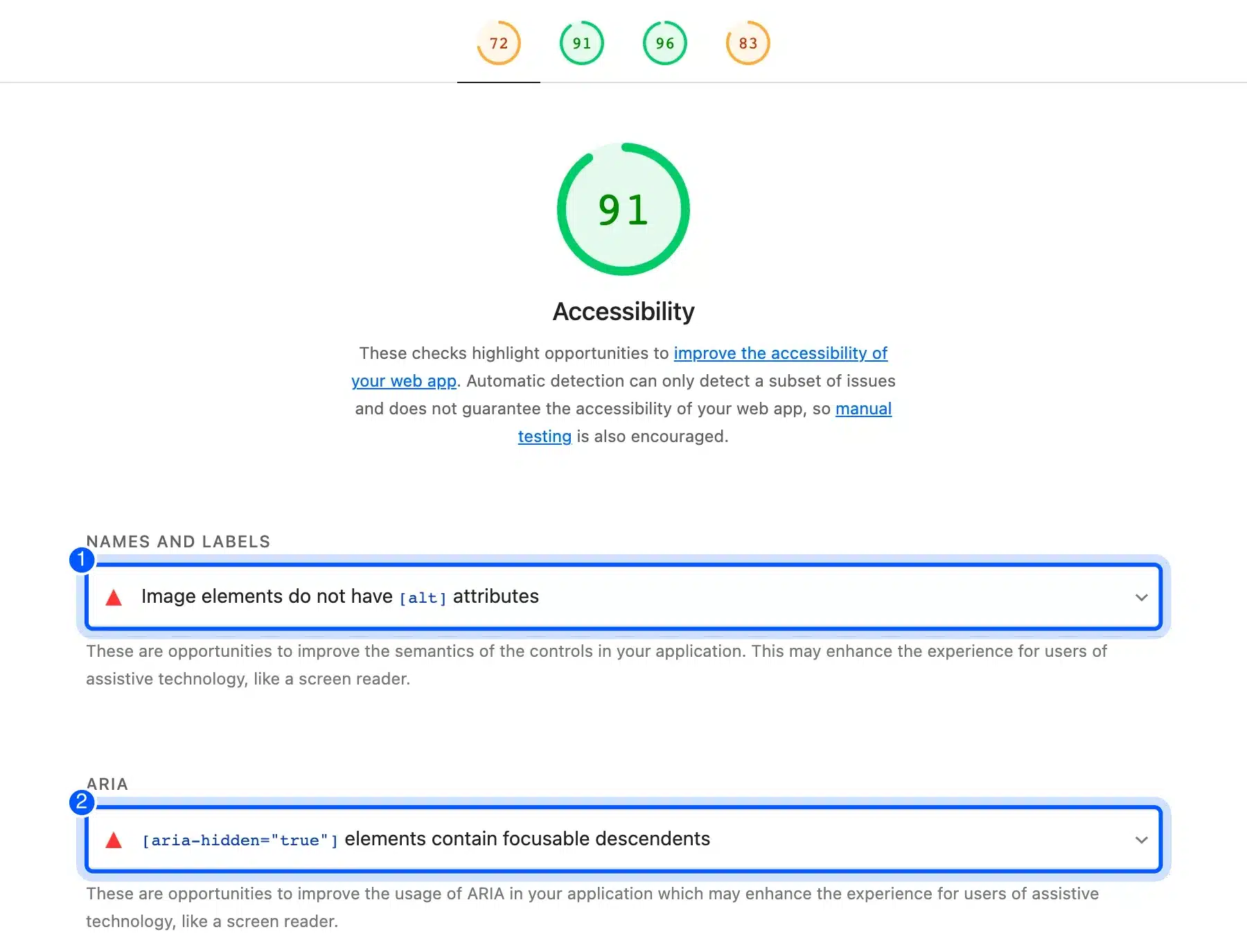 Lighthouse accessibility checks failing in a website audit