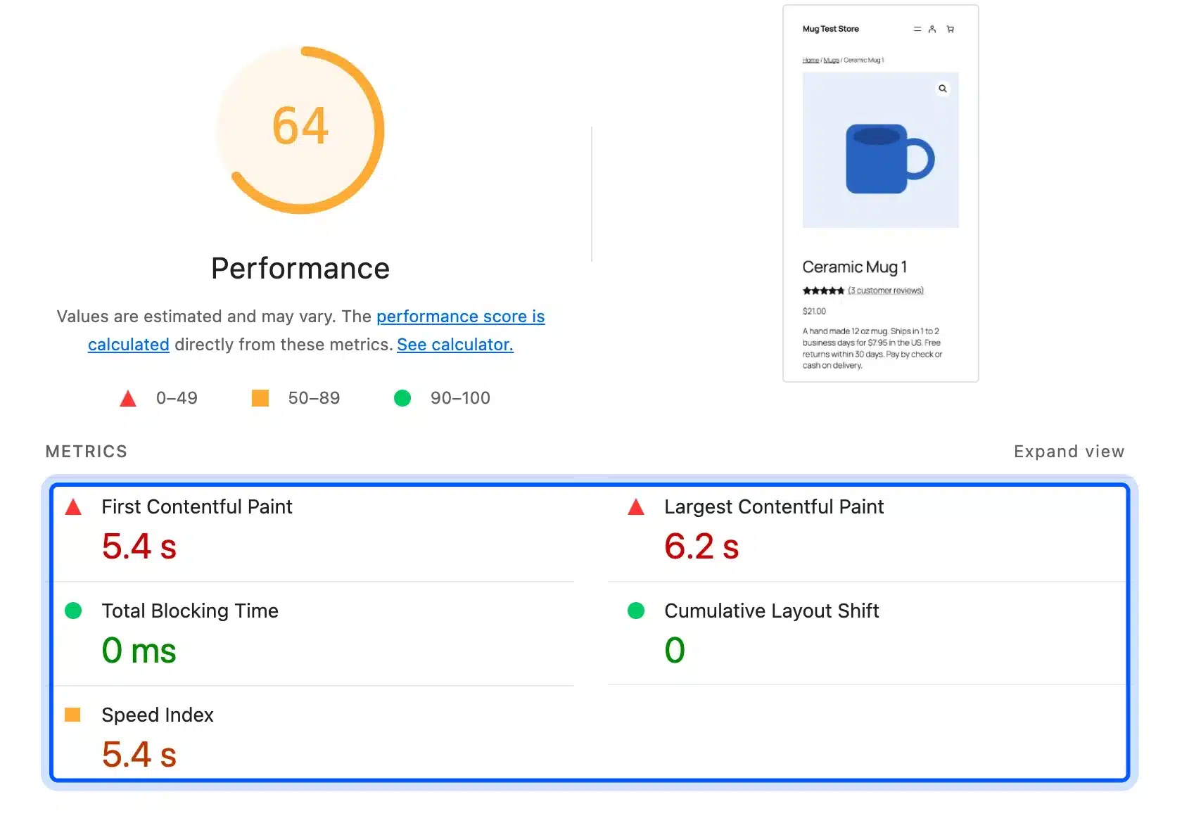 Lighthouse mobile report before gzip on a WooCommerce product page