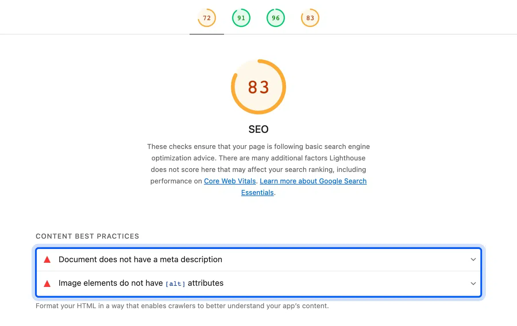 Lighthouse SEO checks failing for meta description and alt text