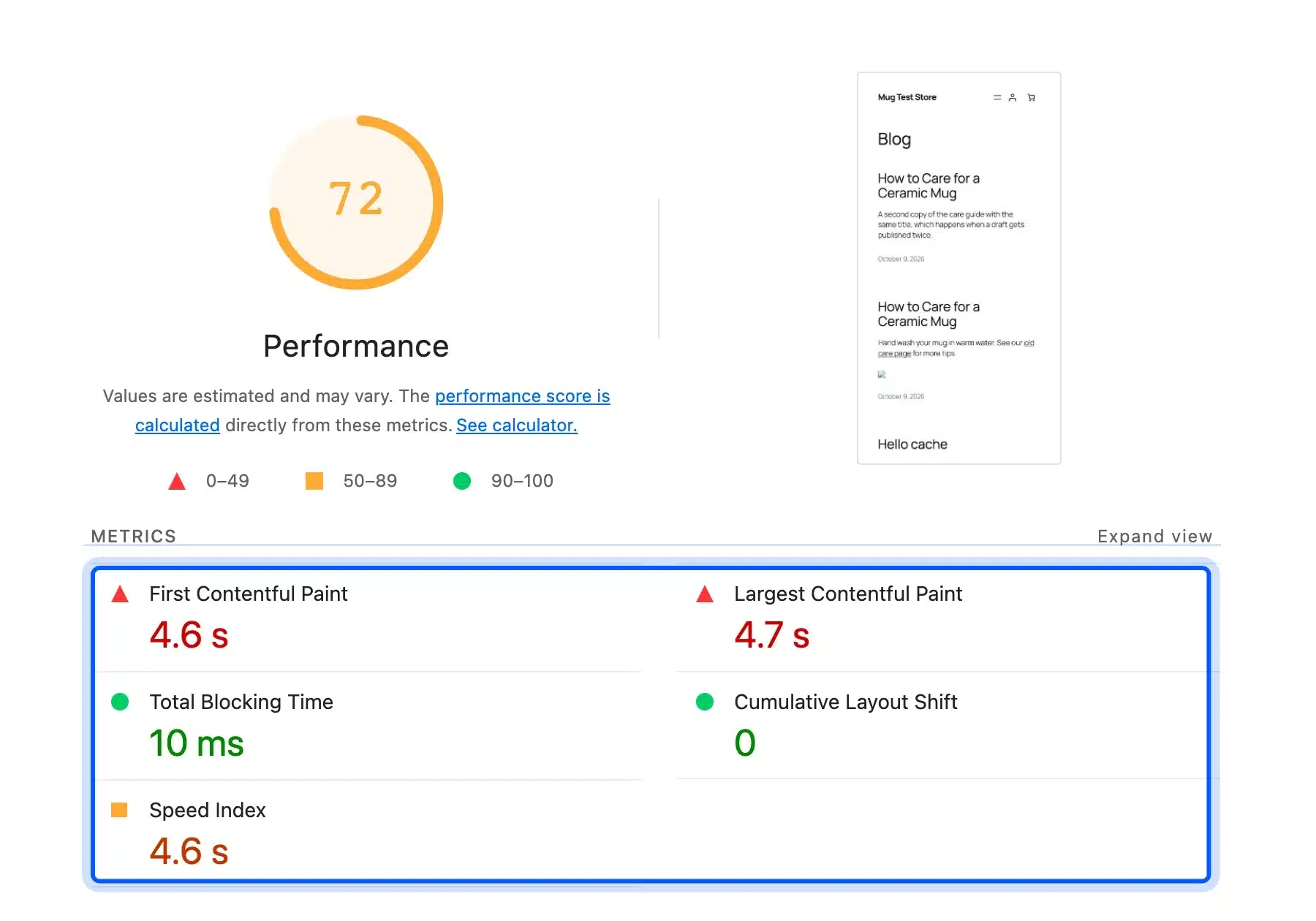 Lighthouse performance metrics during a website audit