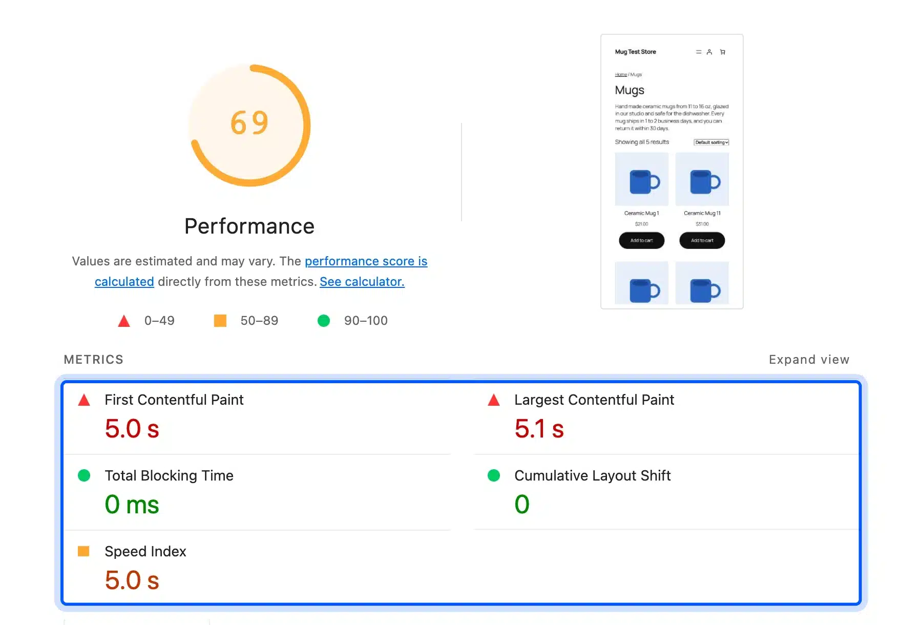 Lighthouse mobile metrics for a WooCommerce category page