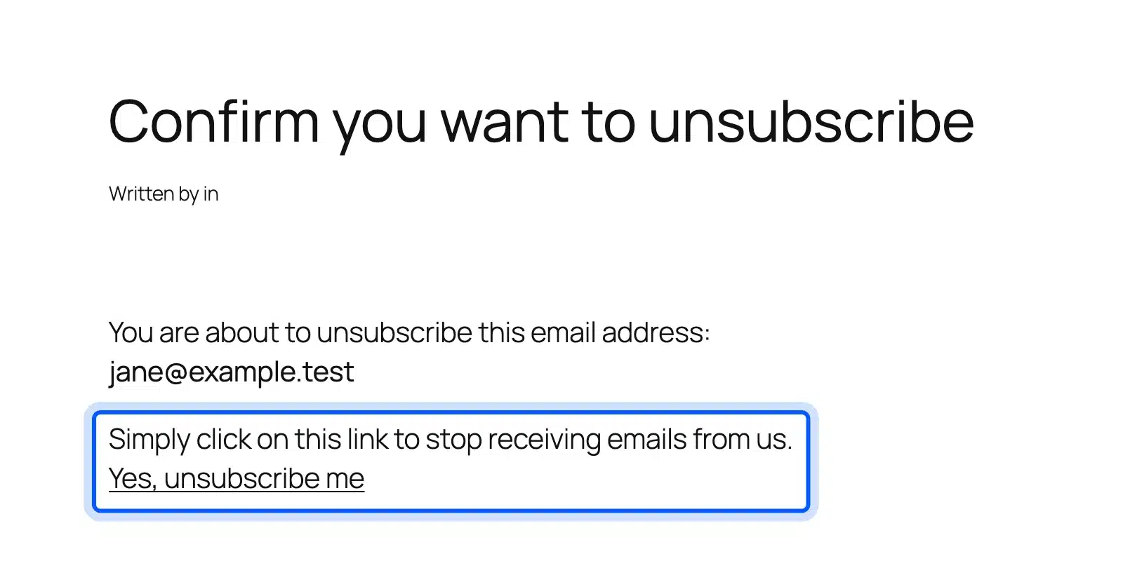 MailPoet confirmation page before the unsubscribe takes effect