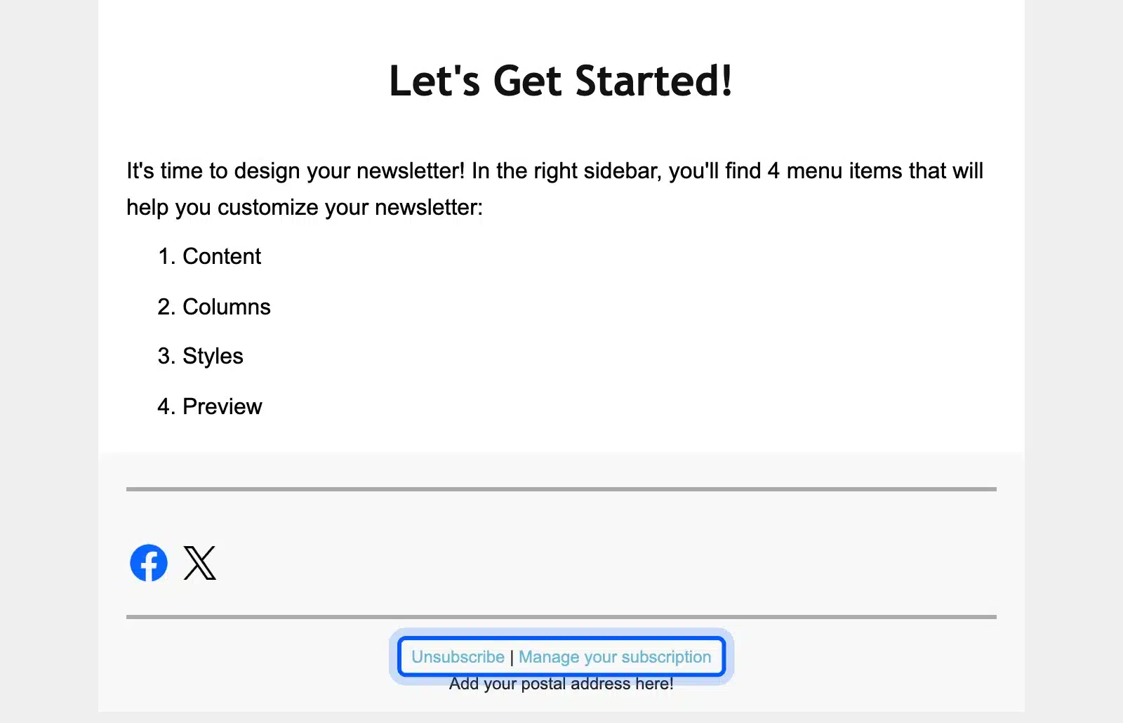 MailPoet email footer with the unsubscribe link