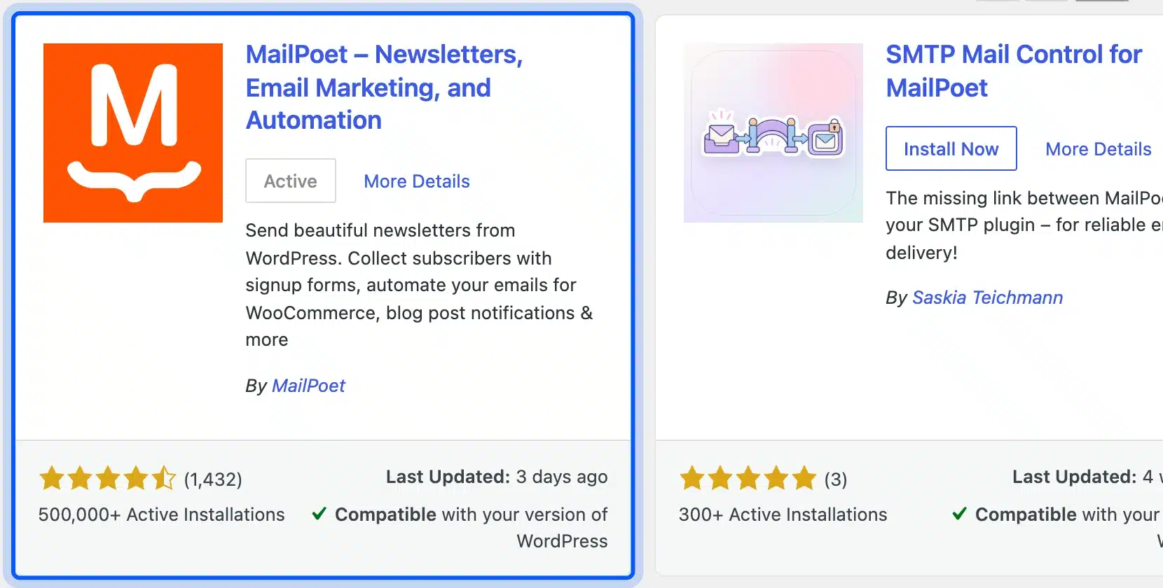 MailPoet plugin card on the WordPress Add Plugins screen