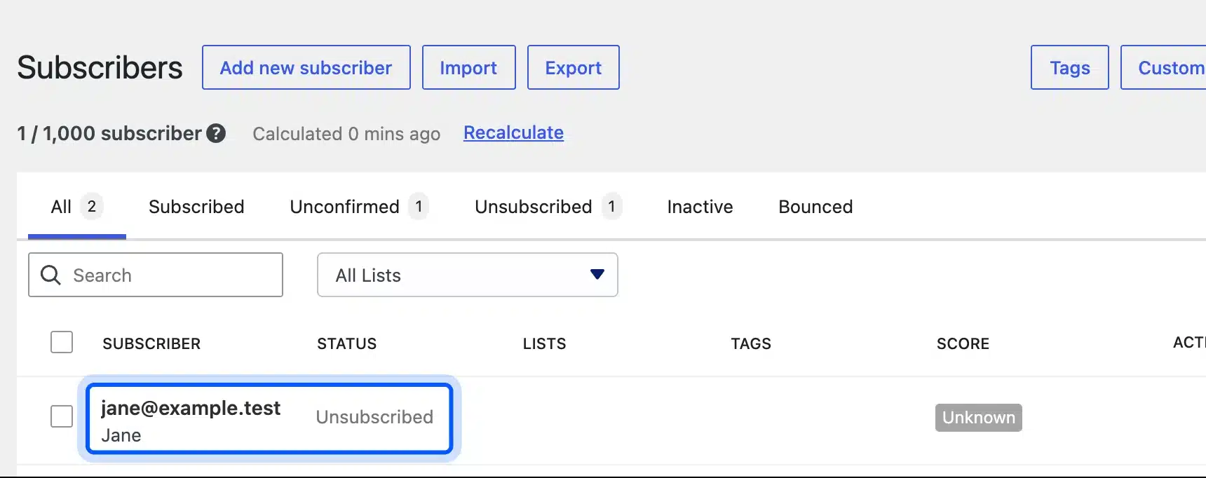 MailPoet subscribers list showing the unsubscribed status