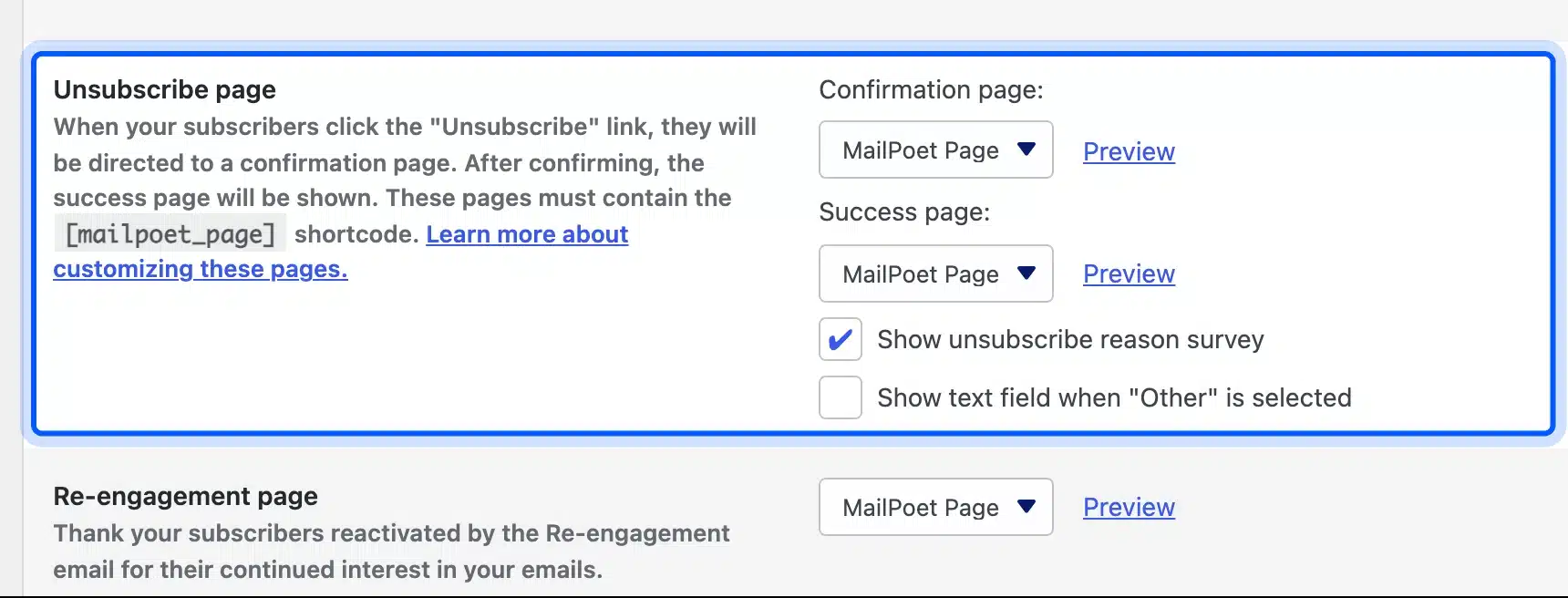 MailPoet unsubscribe page setting with confirmation and success pages