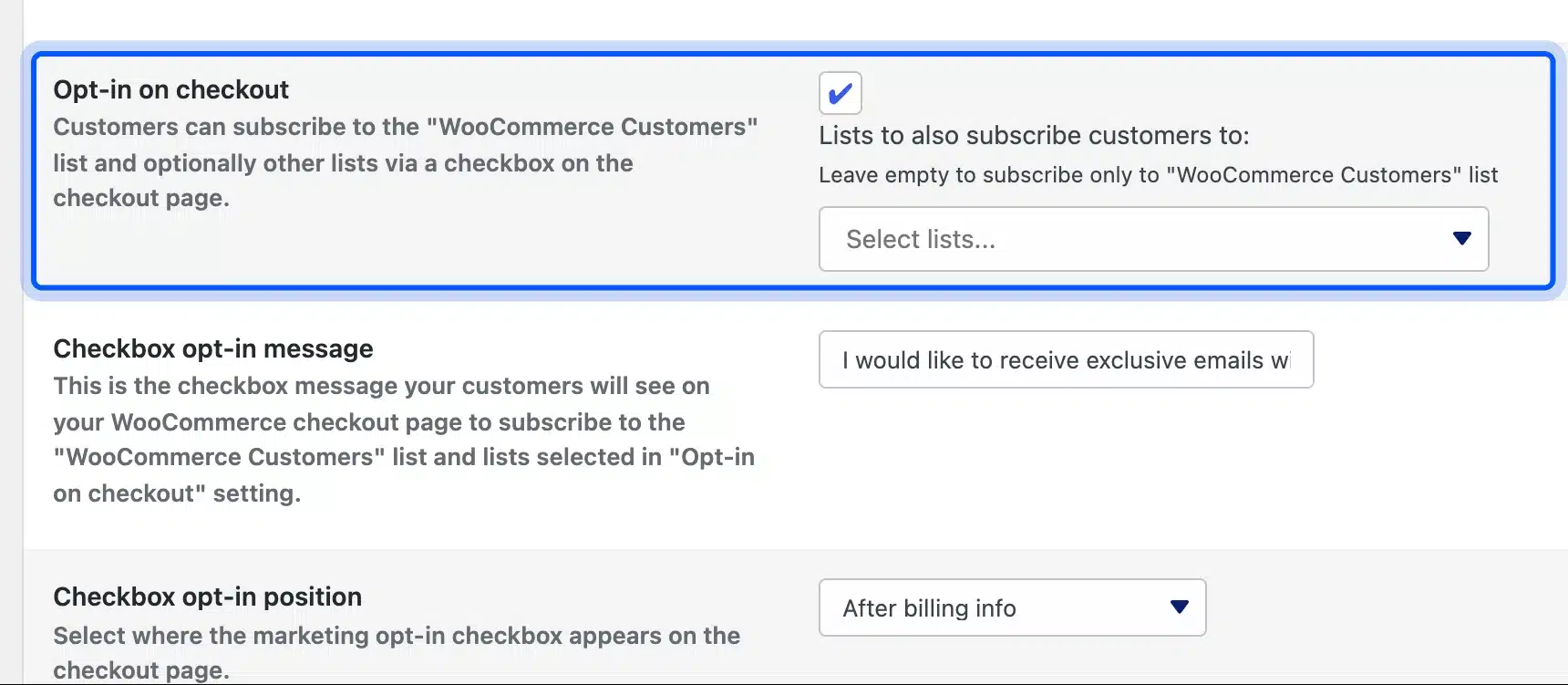 MailPoet opt-in on checkout setting for WooCommerce