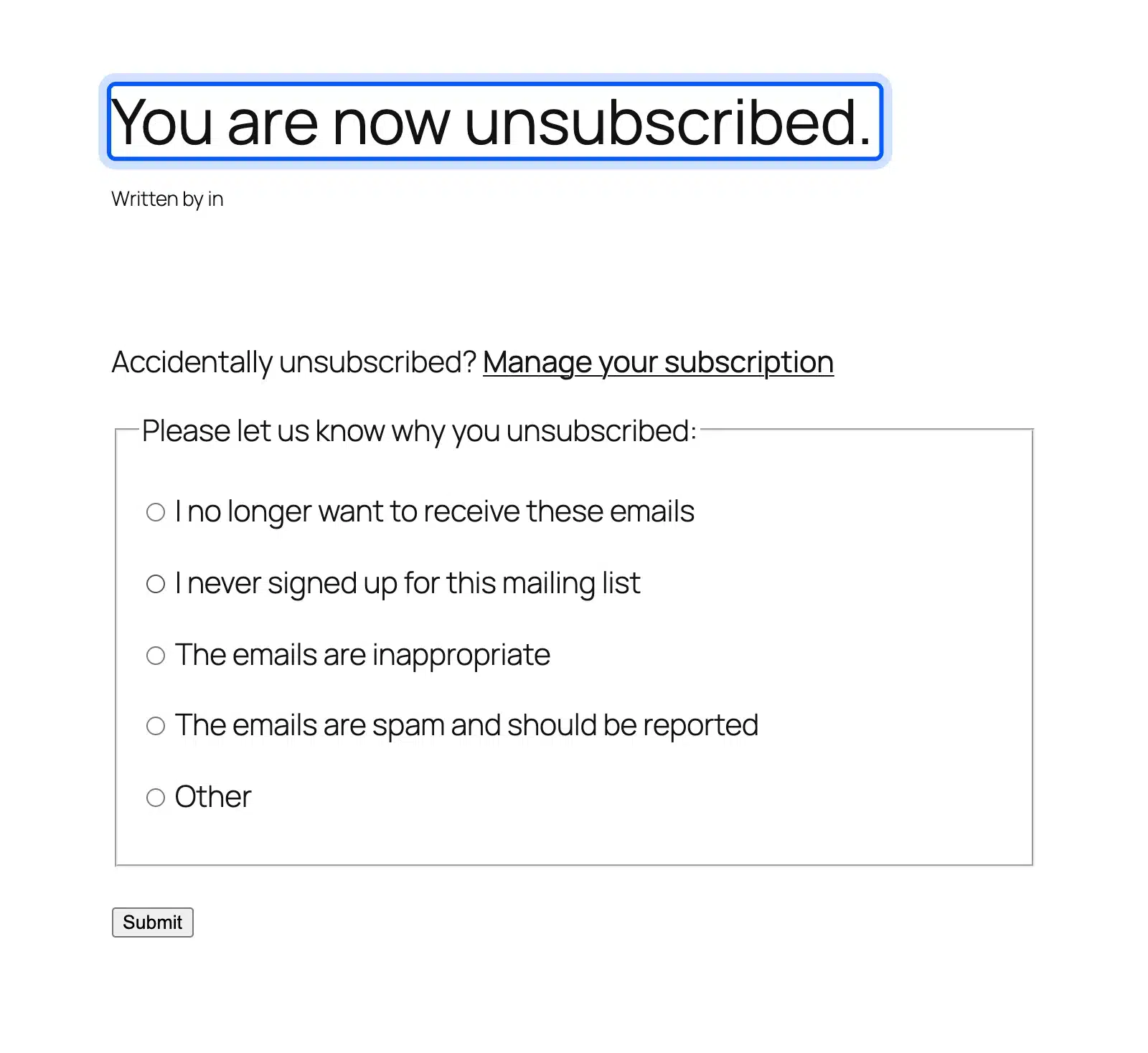 MailPoet unsubscribe success page with the reason survey