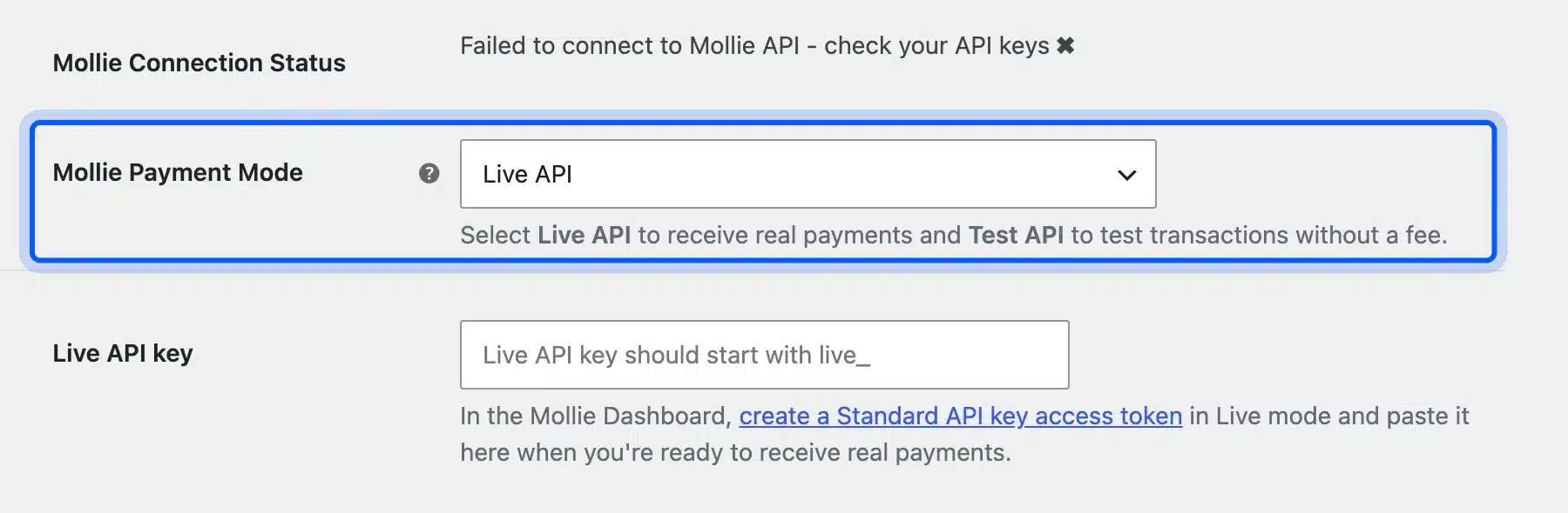 Mollie Payments for WooCommerce API key settings