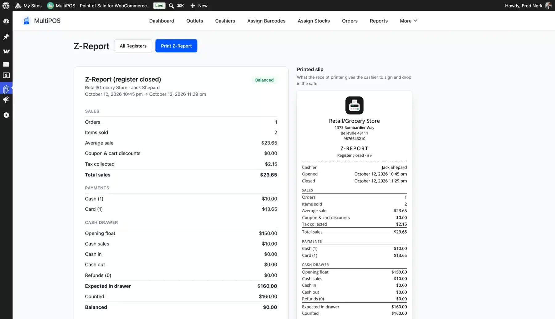 MultiPOS Z-report for a closed register showing cash counted against expected