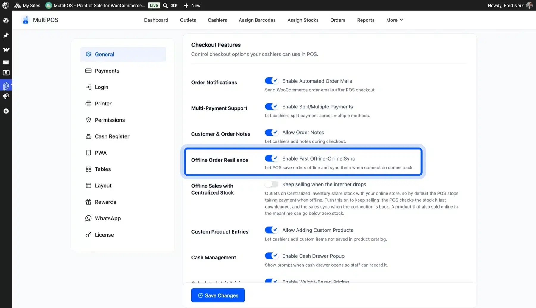 MultiPOS checkout settings with the offline order sync option highlighted