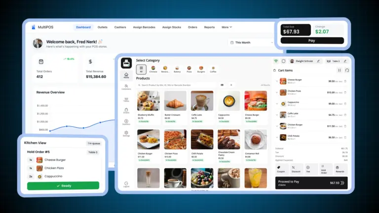 WooCommerce POS plugin restaurant selling screen with table and cart in front of the admin dashboard, with a pay total card and a kitchen display
