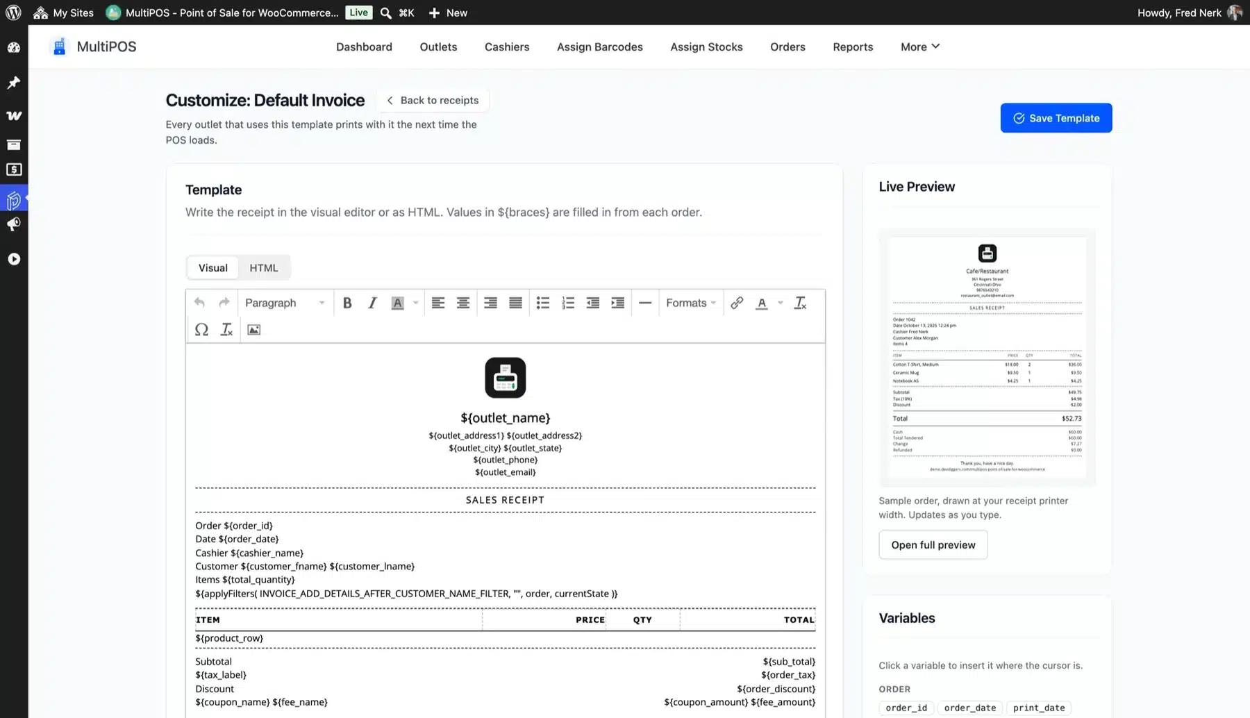 MultiPOS receipt template editor with a live receipt preview