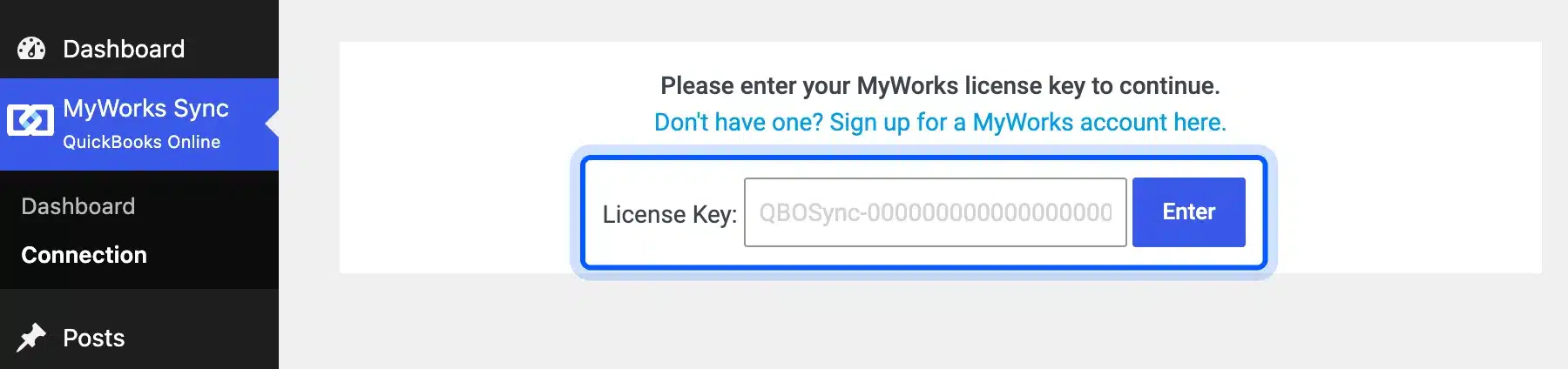 MyWorks Sync connection screen with the license key field and Enter button highlighted