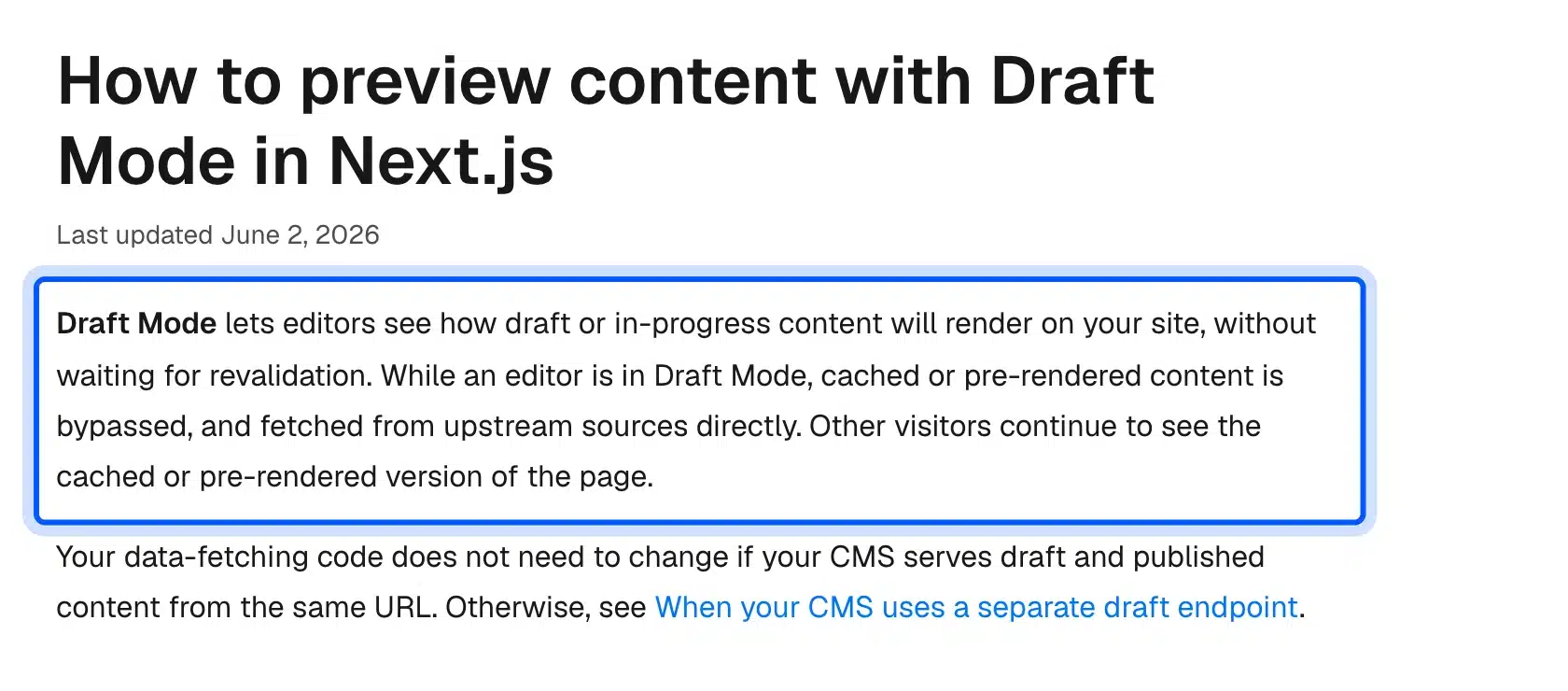 Next.js Draft Mode documentation for previewing headless CMS drafts