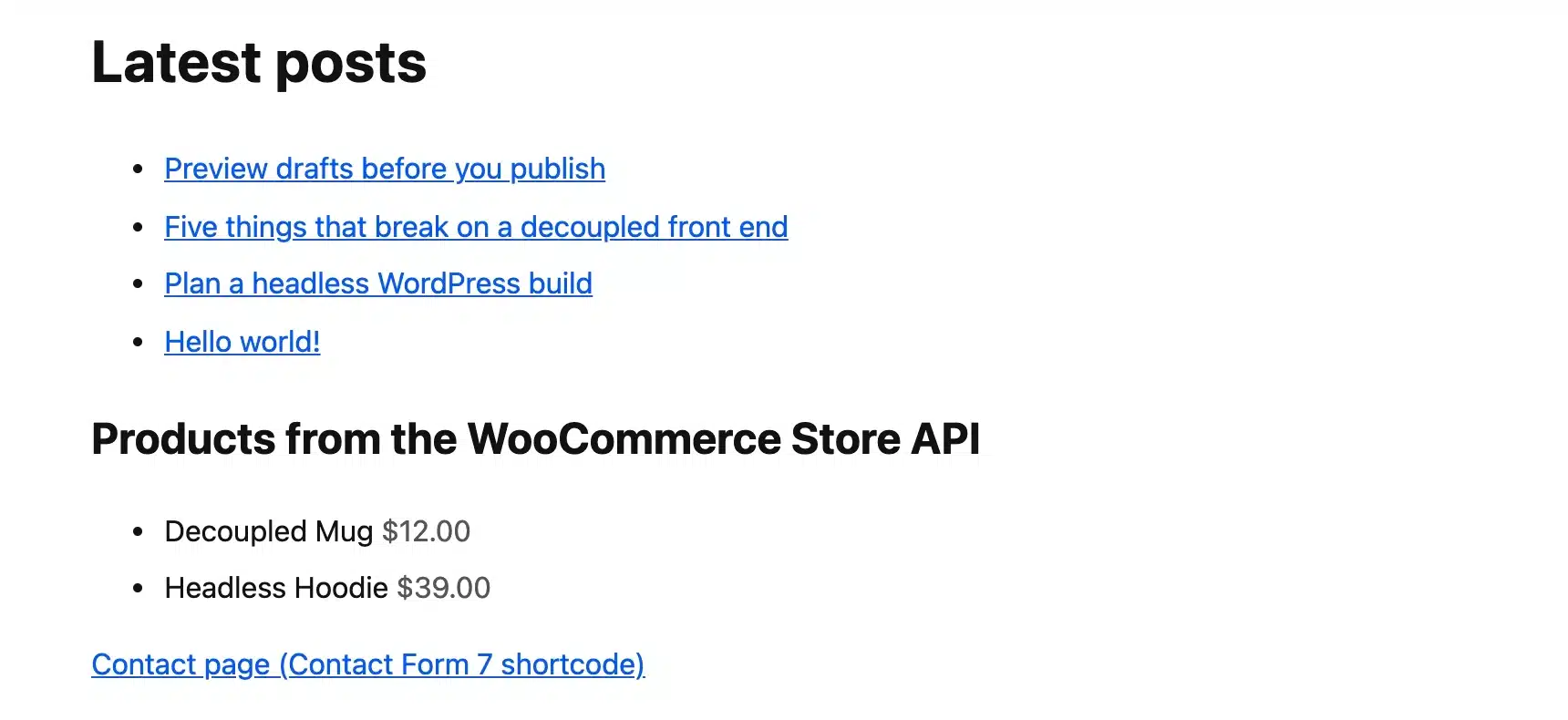 Next.js front end showing posts and products pulled from headless WordPress
