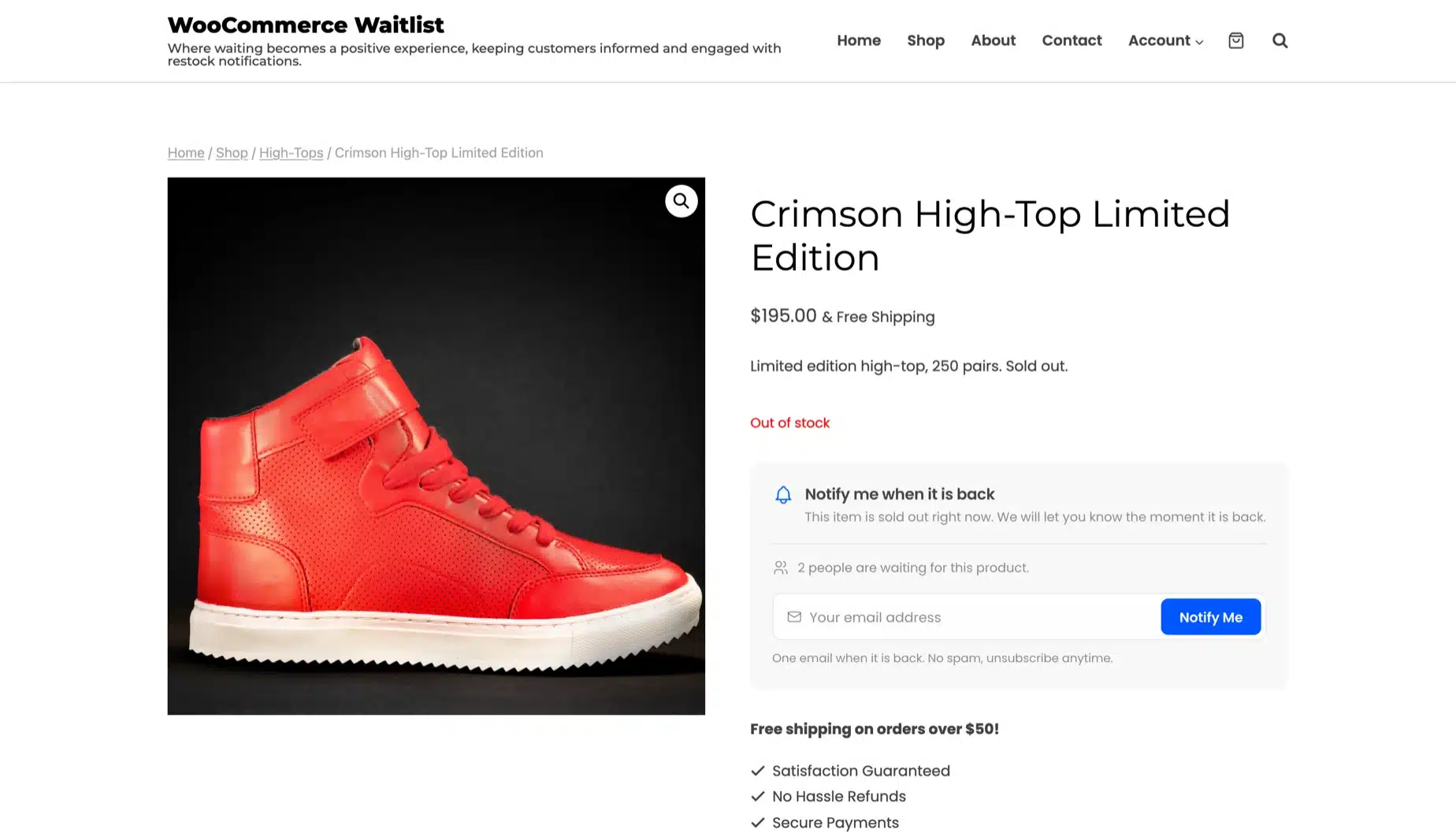 WooCommerce waitlist plugin Notify Me form on a sold out product page with a waiting count
