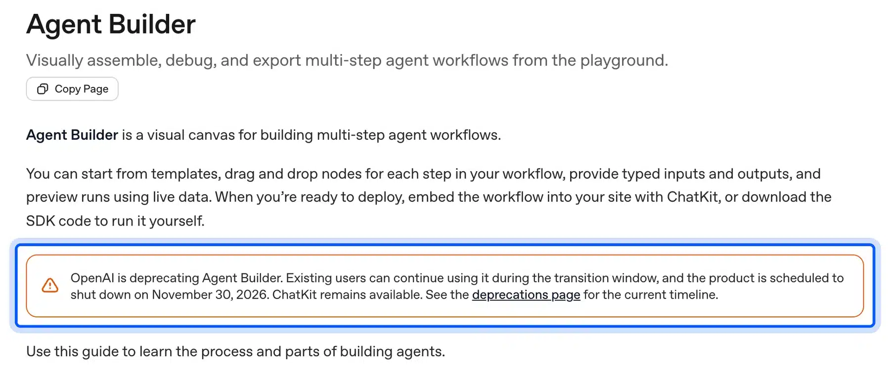 OpenAI Agent Builder shutdown notice for November 30 2026
